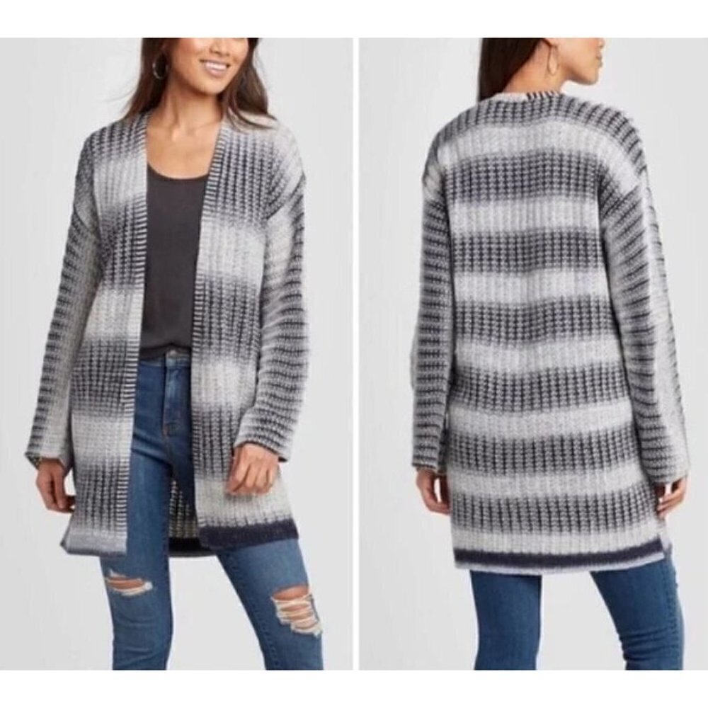 Knox Rose Womens XL Ombre Stripe Long Open Front Cardigan Blue Gray Boho